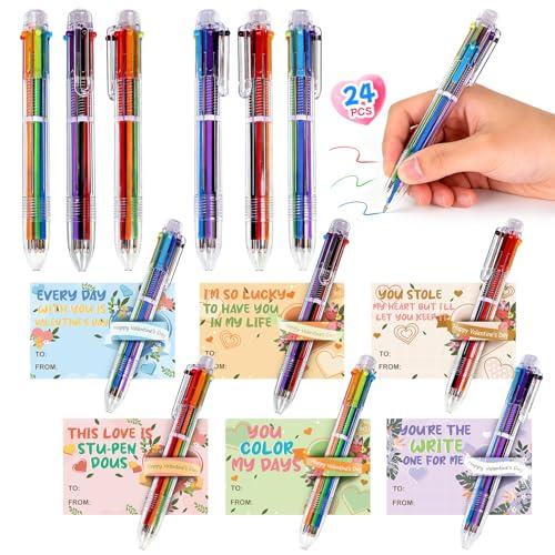 24 Pcs Valentine’s Day 6-In-1 Multicolor Retractable Ballpoint Pens Bulk with Cards Party Favors School Office Gifts Exchange Classroom Rewards Goodie Bags for Kids Students Teachers Teens Adults