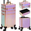 3 in 1 Rolling Makeup Train Case Professional Large Cosmetic Trolley Cosmetology Case on Wheels Traveling Cart Trunk for Hairstylist Artist Nail Beauty Salon Barber, Colorful