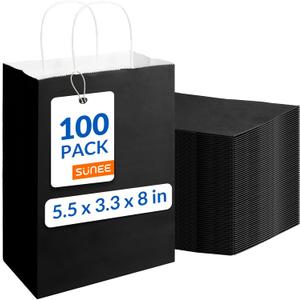 SUNEE 100 Pcs Black Gift Bags with Handles, 5.5x3.3x8 Small Paper Gift Bags Bulk for Small Business, Retail, Merchandise, Grocery and Wedding Birthday Party Favor - Black