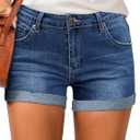 LookbookStore Women's High Waisted Rolled Hem Distressed Jeans Ripped Denim Shorts (X-Large, True Blue)