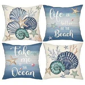 avpdupu Linen Blue Pillow Covers 18x18 Set of 4 - Seashell Starfish Pattern Decor for Sofa & Couch (No Insert)