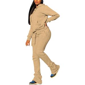 Women's Sweatsuits Sets 2 Piece Outfits Drawstring Hoodies Stacked Jogger Sweatpants Tracksuits Casual Set (Beige, S)