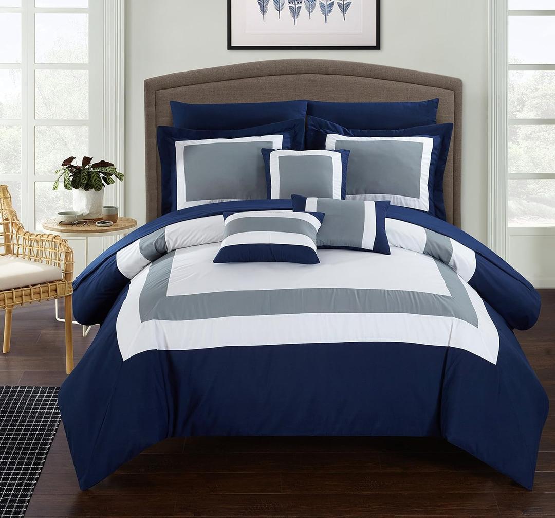 Chic Home Duke Queen Comforter Set 10-Piece, Colorblocked Queen Size Comforter Set with 2 Shams, 3 Pillows and Bedding Set Queen (Navy)