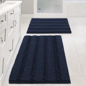 H.VERSAILTEX Navy Blue Bathroom Rugs 2 Piece, Bath Mat Set Slip-Resistant Extra Absorbent Soft and Fluffy Striped Chenille Bath Rugs, Floor Mats Dry Fast Machine Washable (20" x 32"/17" x 24")