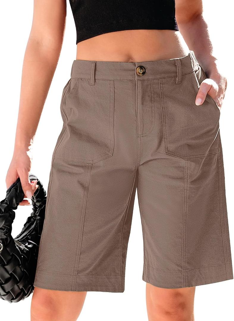 Luvamia Bermuda Shorts for Women Knee Length High Waisted Cotton Elastic Waist Summer Dressy Casual Long Chino Shorts (Brown, XXL)