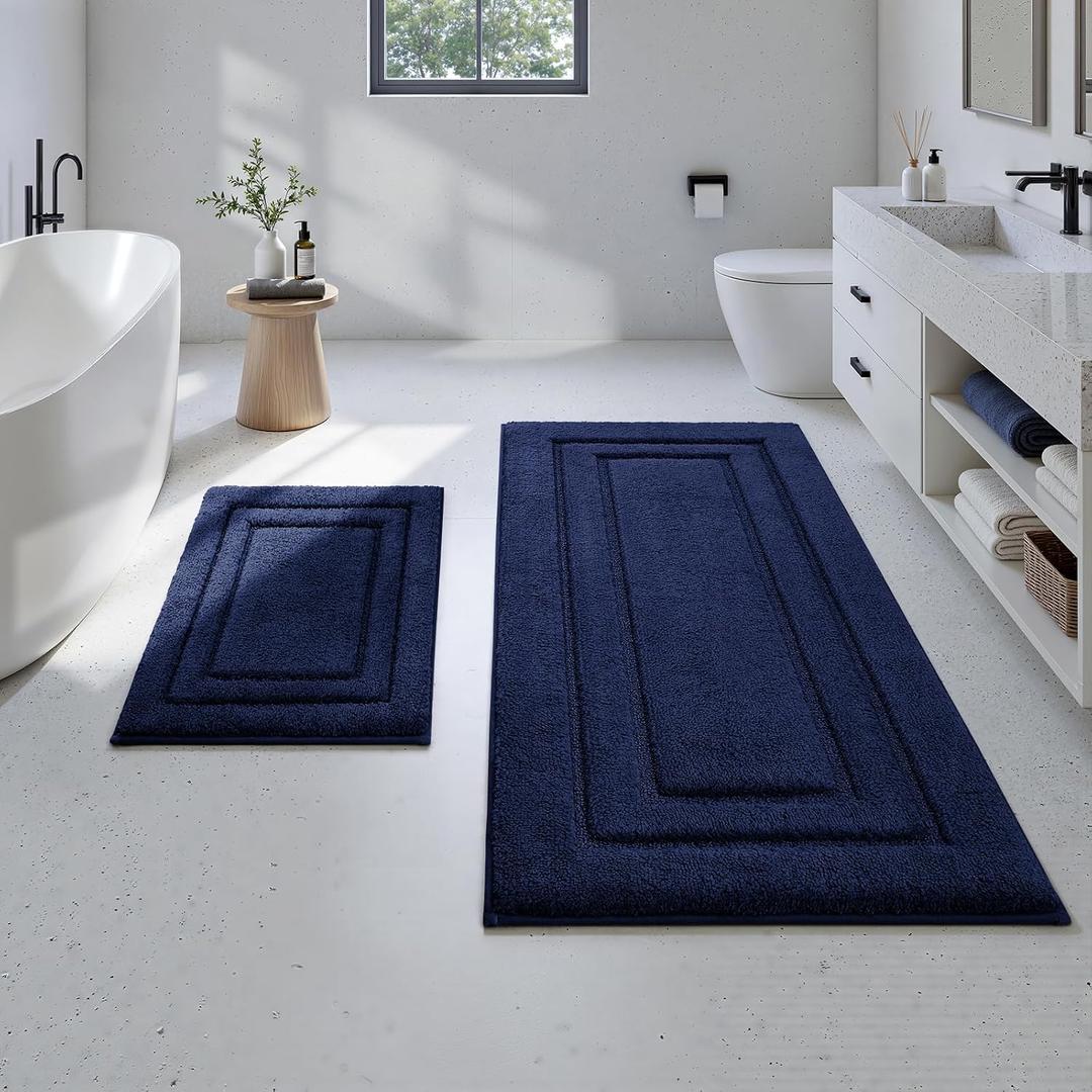 HOMEIDEAS 2 Pieces Large Bathroom Rug, Super Soft and Absorbent Long Rugs, Non Slip and Microfiber Bath Mat for Bathroom Decor (20"x47"+16" x 24", Navy Blue)