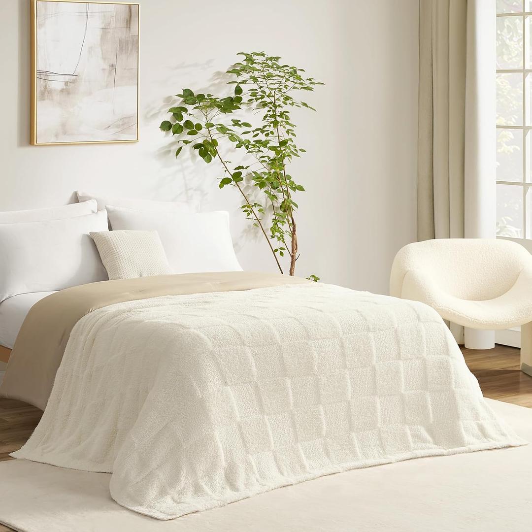 Snuggle Sac Checkered Throw Blanket Faux Fur Microfiber Blankets for Couch,Cozy Soft Warm Blanket for Sofa Bedroom Living Room,Solid Ivory,60x80 inches