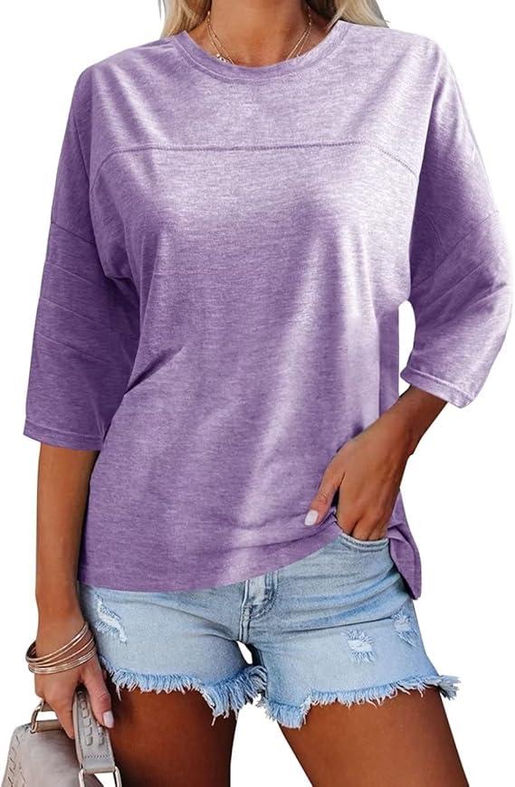 Orchidays Womens Crew Neck 3/4 Sleeve Basic TShirts Solid Loose Cute Tunic Top Blouses Lavender Size M