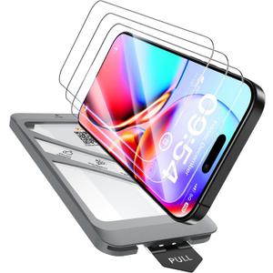 3 x TAURI 4 in 1 for iPhone 16 Screen Protector, 3 Pack Tempered Glass Film + 1 Dust Free Easy Installation Tool, 9H Hardness Bubble Free Micro-curved Edges HD Screen Protector for 16