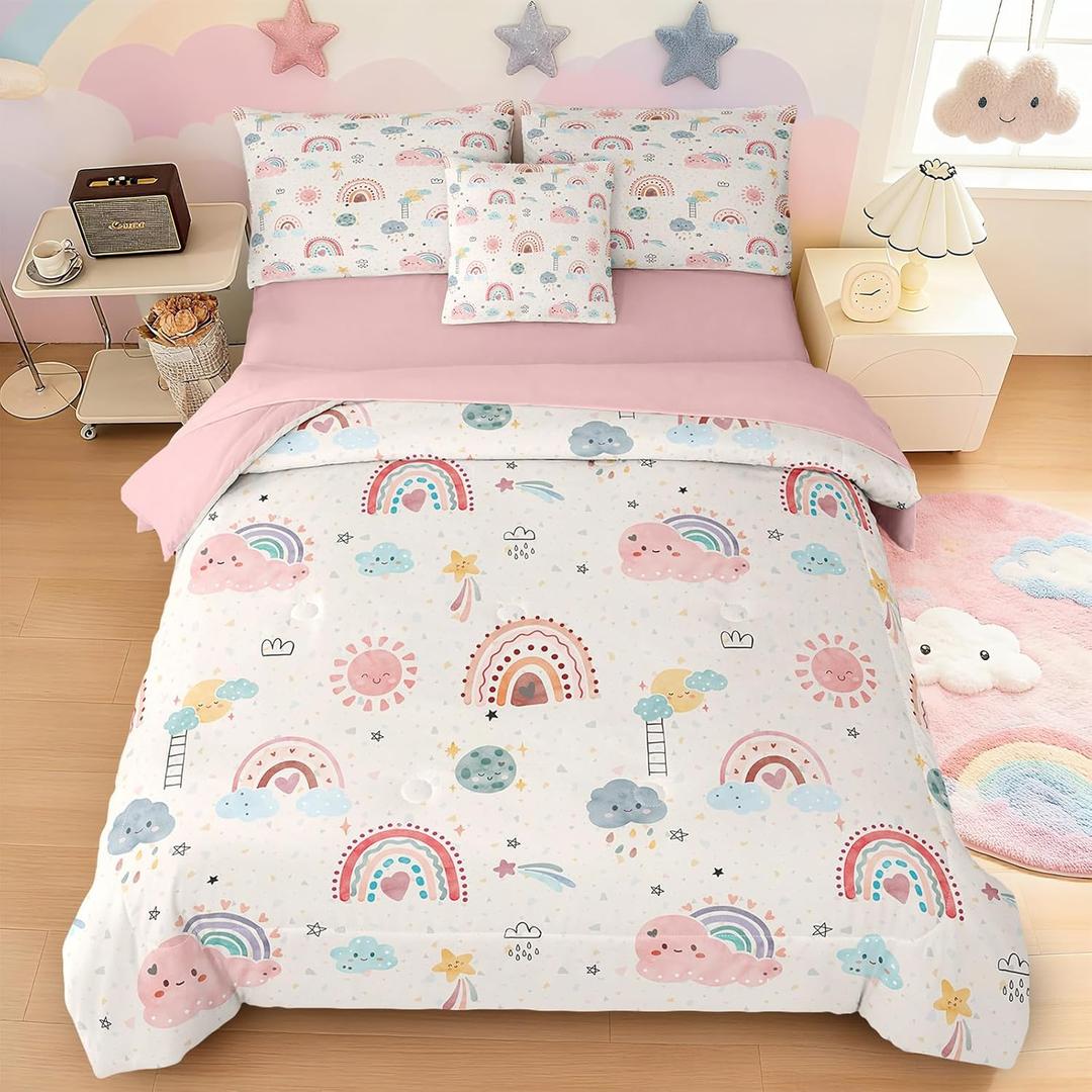 Peopleareok 6 Pieces Multi-Color Rainbow Comforter Set Twin for Girls, Lightweight Soft Pink Cloud Yellow Rainbow Star Bedding Sets in a Bag with Comforter, Sheets, Pillowcases