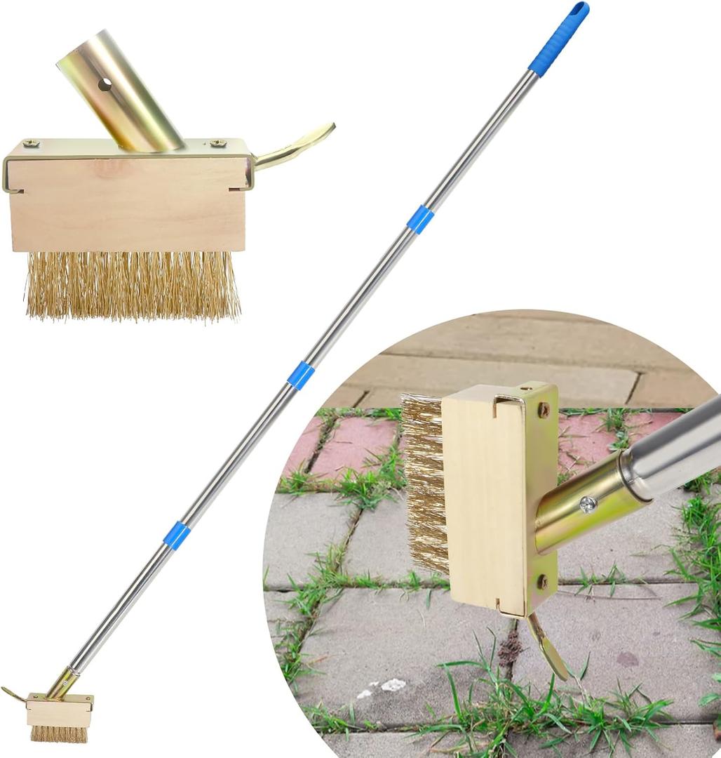Crack Weeder, Moss Remover Tool, Manual Crevice Weeding Tool, Weed Puller Grout Brush with 67-inch Long Handle for Deck, Paver, Patio, Walkway, Driveway - 2 Weed Brush Heads