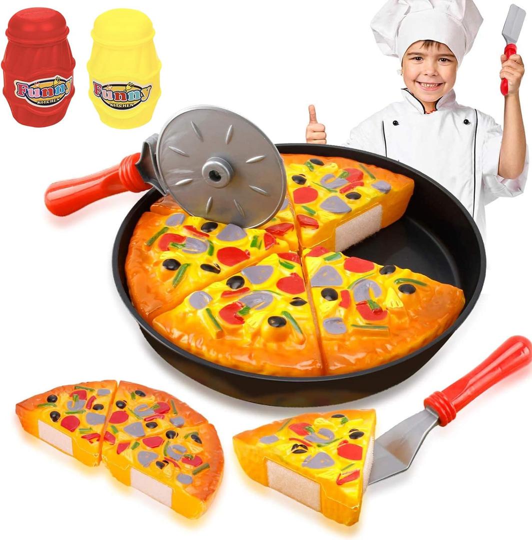 11 PCS Pizza Party Toy Play Set for Kids, Pizza Pie Pretend Play Food - Slice and Serve Plastic Kitchen Cooking and Cutting Playset