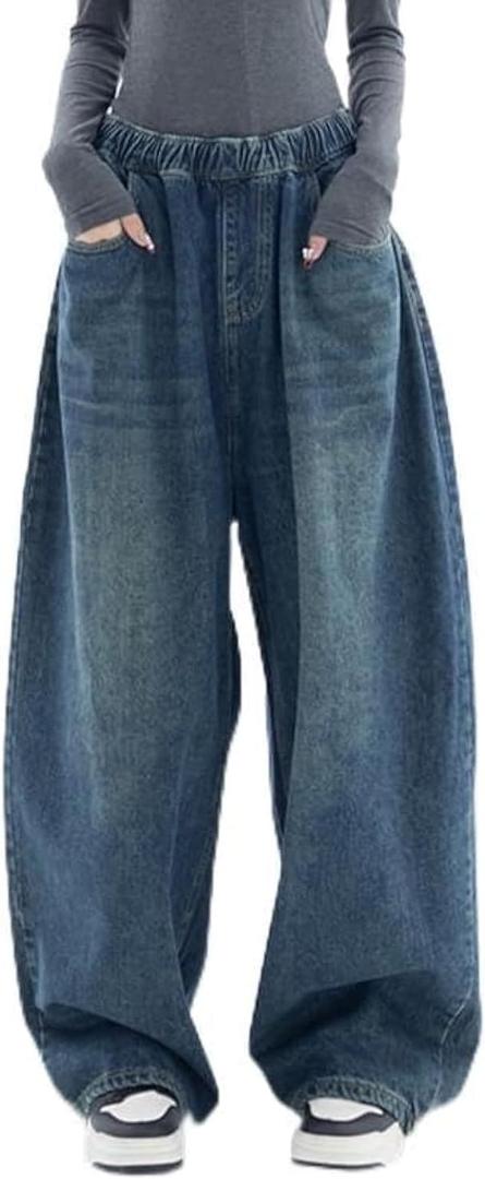 EMMIOL Baggy Jeans Women Wide Leg Y2K Vintage Denim Pants High Rise Boyfriend Dark Wash Pants (S)