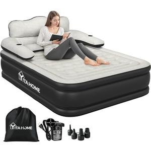 YITAHOME Queen Size Air Mattress with Headboard and Built-in Pump, 18in Blow Up Mattress with Carry Bag, Repair Kit, and Nozzles for Home, Camping, and Travel (Black&gray)