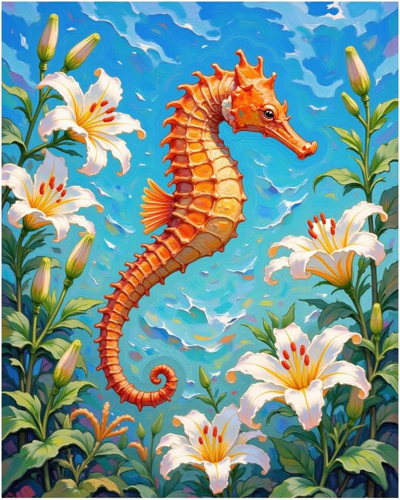 EnLvYY Seahorse Paint by Numbers for Adults, DIY Acrylic Painting Kit for Beginners, Colorful Seahorse with Lily Flowers Wall Art, Gift for Ocean Lovers and Nature Enthusiasts,16X20IN Framed