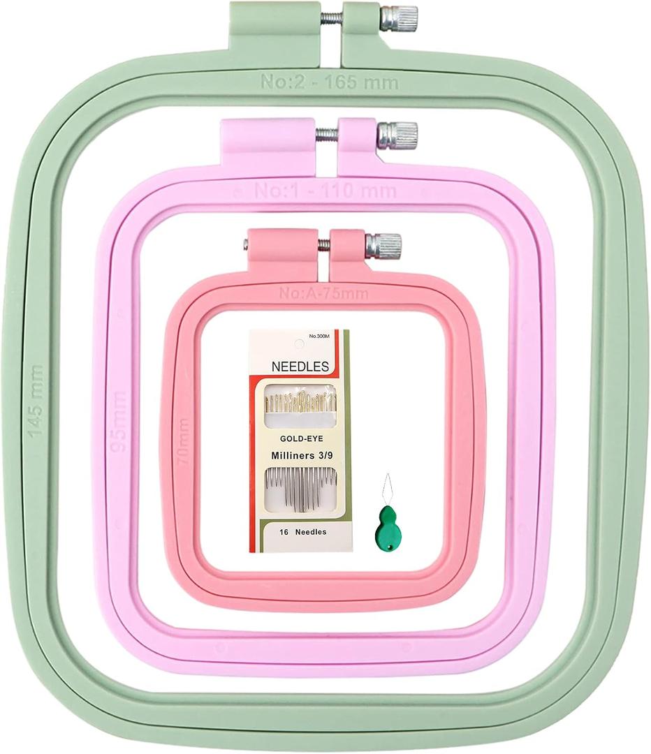 ZOCONE 3Pcs 3 Size Square Embroidery Hoops, ABS Plastic Embroidery Hoops Cross Stitch Hoops Embroidery Frames for Sewing, Needlework, Embroidery Projects (Size-3", 4.3", 6.5")