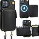 Bocasal for MagSafe Crossbody Wallet Case Compatible with iPhone 15, RFID Blocking Protective Purse Case with Card Slots Holder Kickstand Wrist Strap Lanyard Zipper 6.1 Inch 5G (Black)