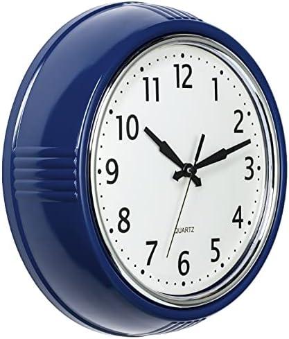 Bernhard Products Retro Wall Clock 9.5 Inch Navy Blue Kitchen 50's Vintage Design Round Silent Non Ticking Quality Quartz Battery Operated Easy to Read Decorative Clocks for Home Office Living Room, Navy Blue