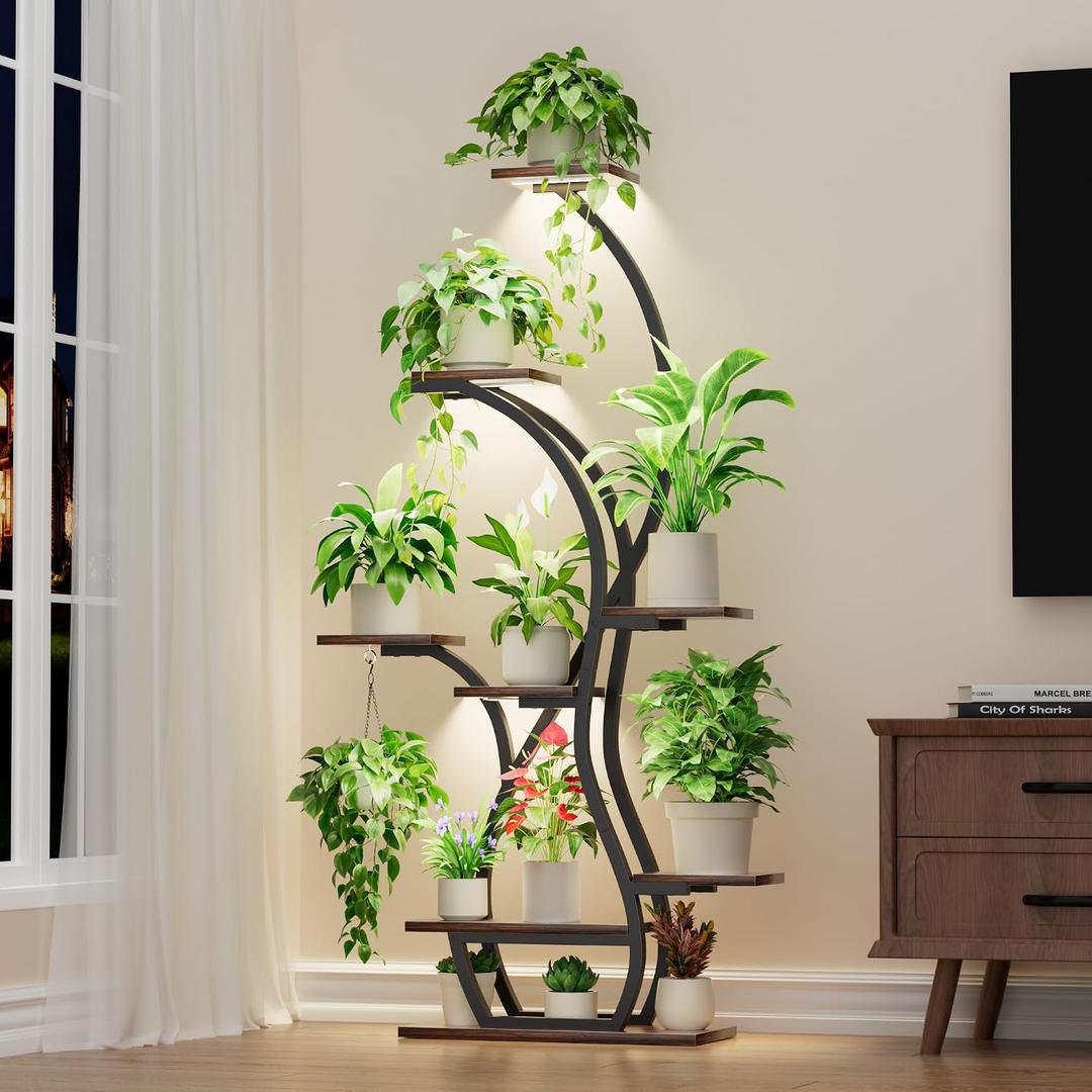 Plant Stand Indoor with Grow Lights - 65" Corner Plant Shelf Indoor, 8 Tiered Tall Lighted Plant Stands for Indoor Plants, Flower Stands Display Holder for Living Room, Bedroom, Patio Decor, Black