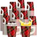 Maxcheck 100 Pieces Christmas Paper Cups with Handle 7 oz Holiday Disposable Cups Drinking Hot Chocolate Coffee Cup for Xmas Daily Use Bar Accessories Party Decoration (Buffalo Plaid)
