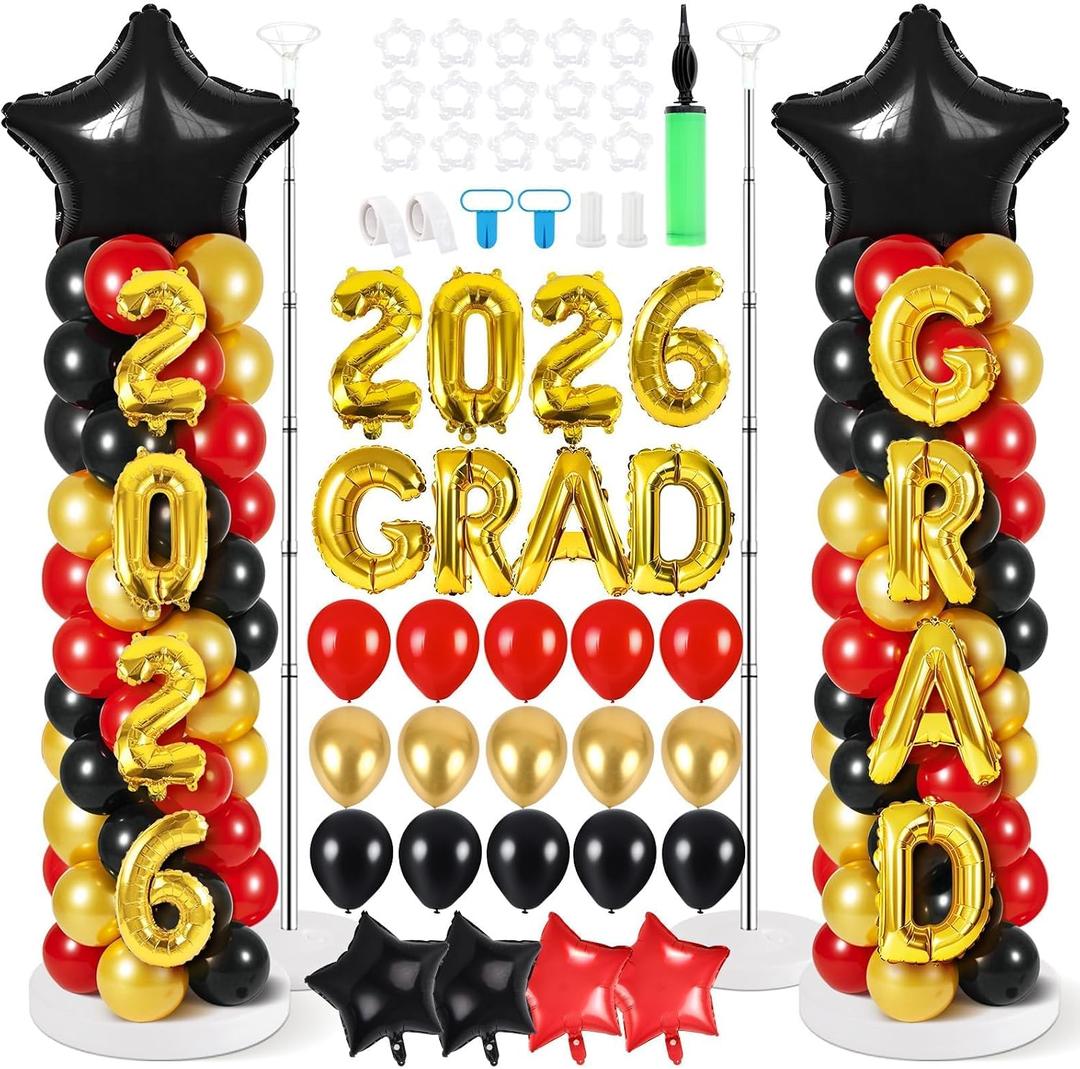 2 Sets Graduation Balloon Column Stand Kit with Balloons Prom Send off 2026 Grad Prom Themed Decor Black Red Balloon Tower Stand for Floor Grad School & College Celebration Party Supplies