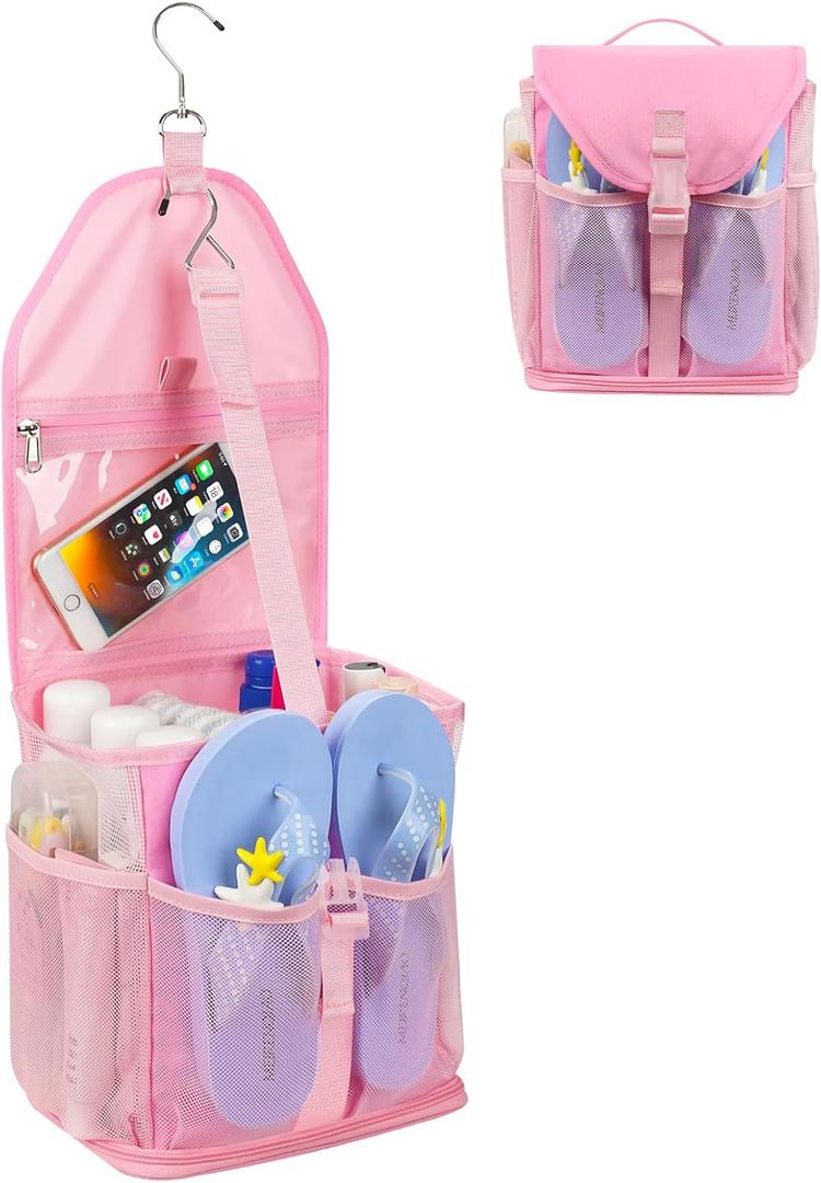 Ethereal Pink Hanging Mesh Shower Caddy Portable for College Dorm Room Essentials, Large Capacity Shower Bag for Guys/Girls, for Beach, Swimming, Gym
