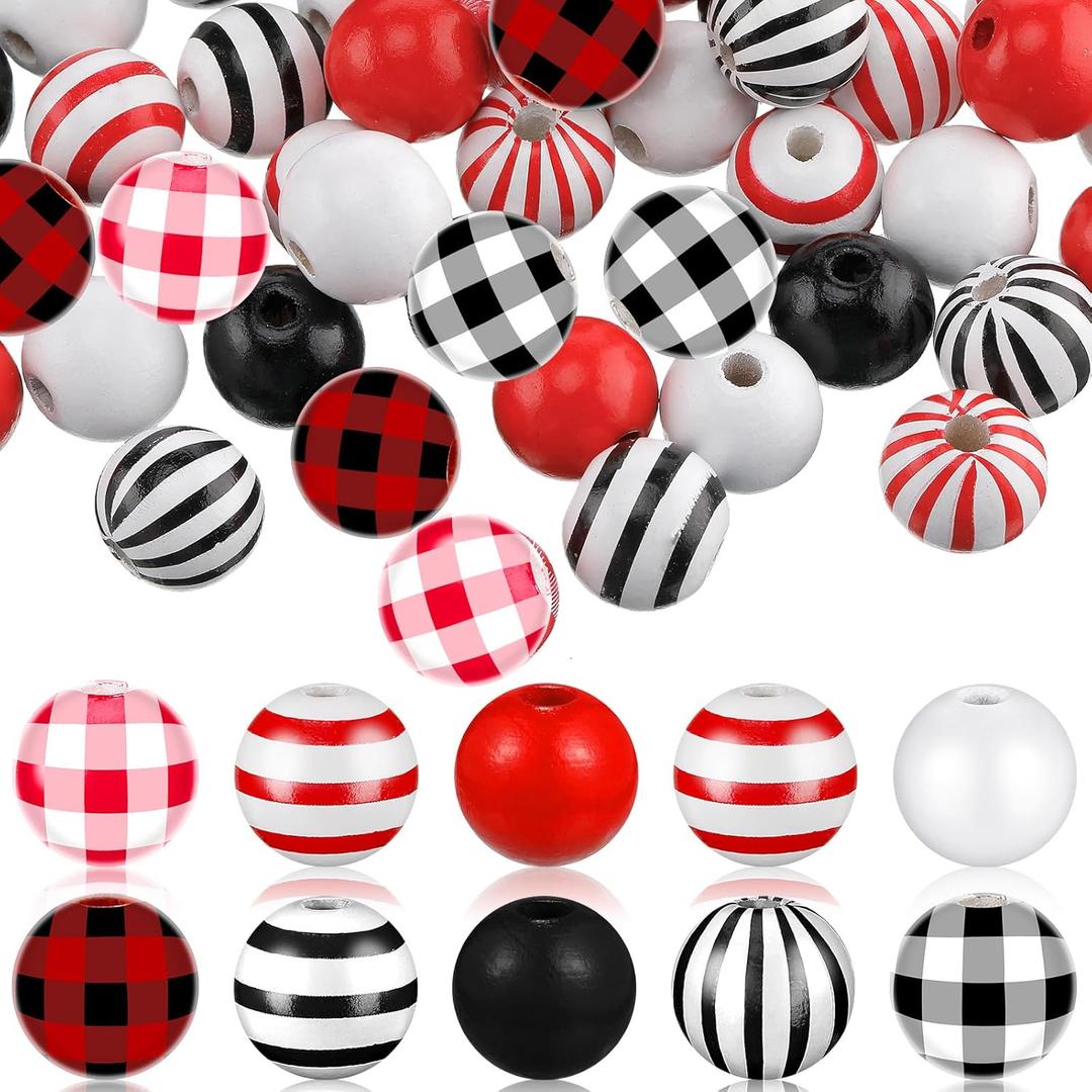Marsui 160 Piece Christmas Wooden Bead Buffalo Plaid & Black Stripe Beads for Home Ornaments, Holiday Rustic Farmhouse DIY Crafts & Jewelry Making(Black, Red, White)