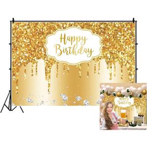 Baocicco 7x5ft Gold Happy Birthday Backdrop Modern Luxury Glitter Diamond Photography Background for Women Girls Sweet Princess Birthday Party Bridal Shower Decor Banner Supplies Photo Booth Props