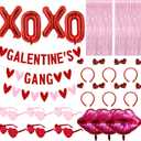 Galentines Day Party Decorations, Galentines Day Decor with 1 Galentines Gang Banner,6 Heart Glasses (3 Red - 3 Pink),6 Heart Headbands, 3 Kiss Lips and 1 XOXO Balloons,2 Pink Curtains Backdrop