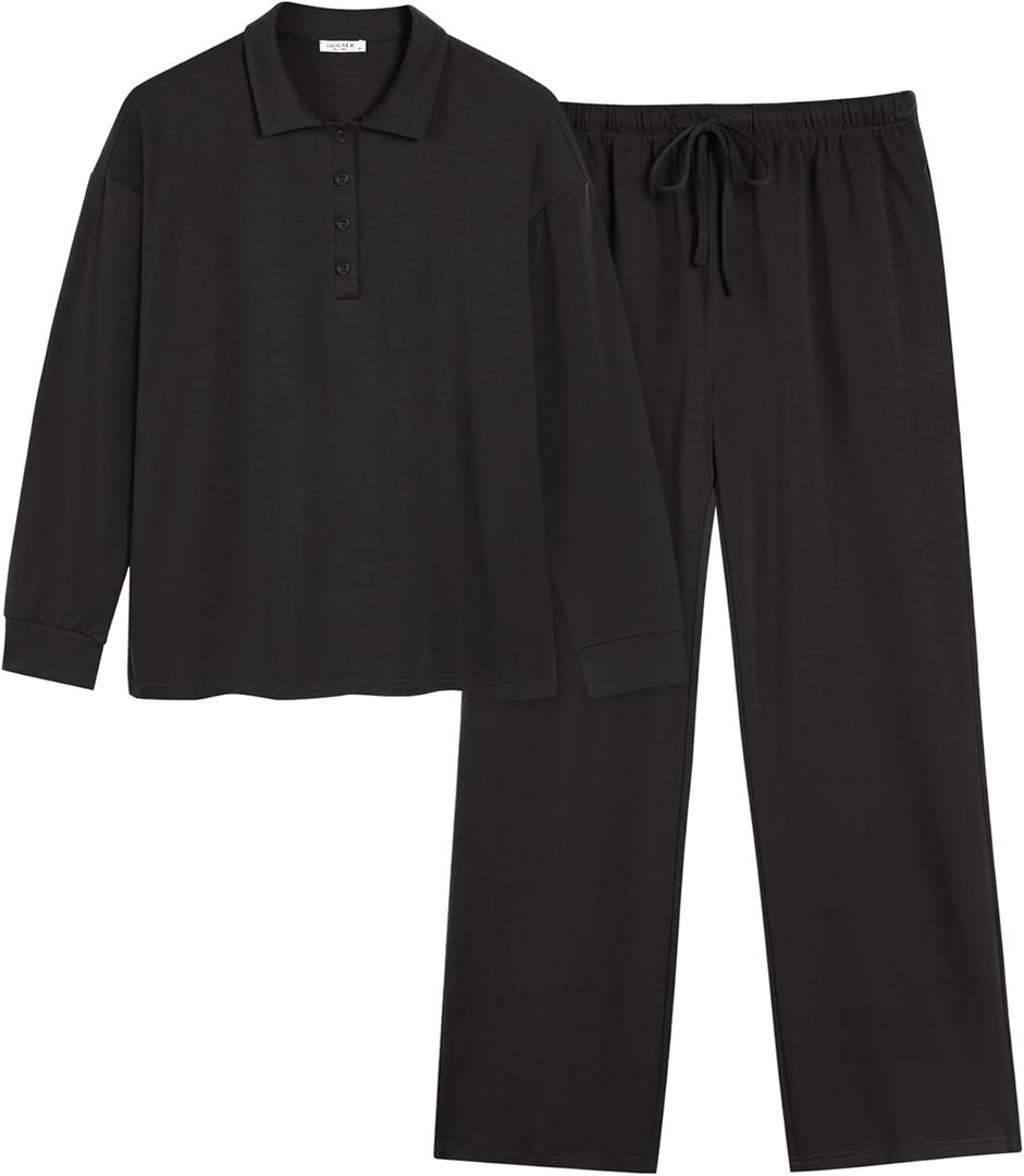 Ekouaer Lounge Sets for Women 2 Piece Outfits 2024 Long Sleeve Top with Pants Sweatsuit Tracksuit, (Medium, Black)