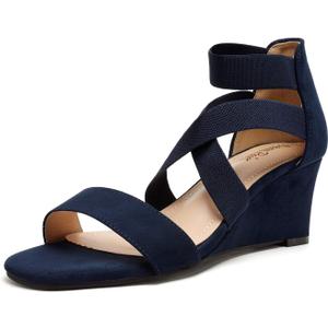 DREAM PAIRS Women's Elastic Ankle Strap Low Wedge Sandals (9.5, Navy)