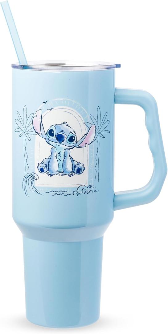 Silver Buffalo Disney Lilo and Stitch Minimalistic Design Ocean and Tropical Double Walled Stainless Steel Tumbler with Handle and Straw, Fits in Standard Cup Holder, 40 Ounces