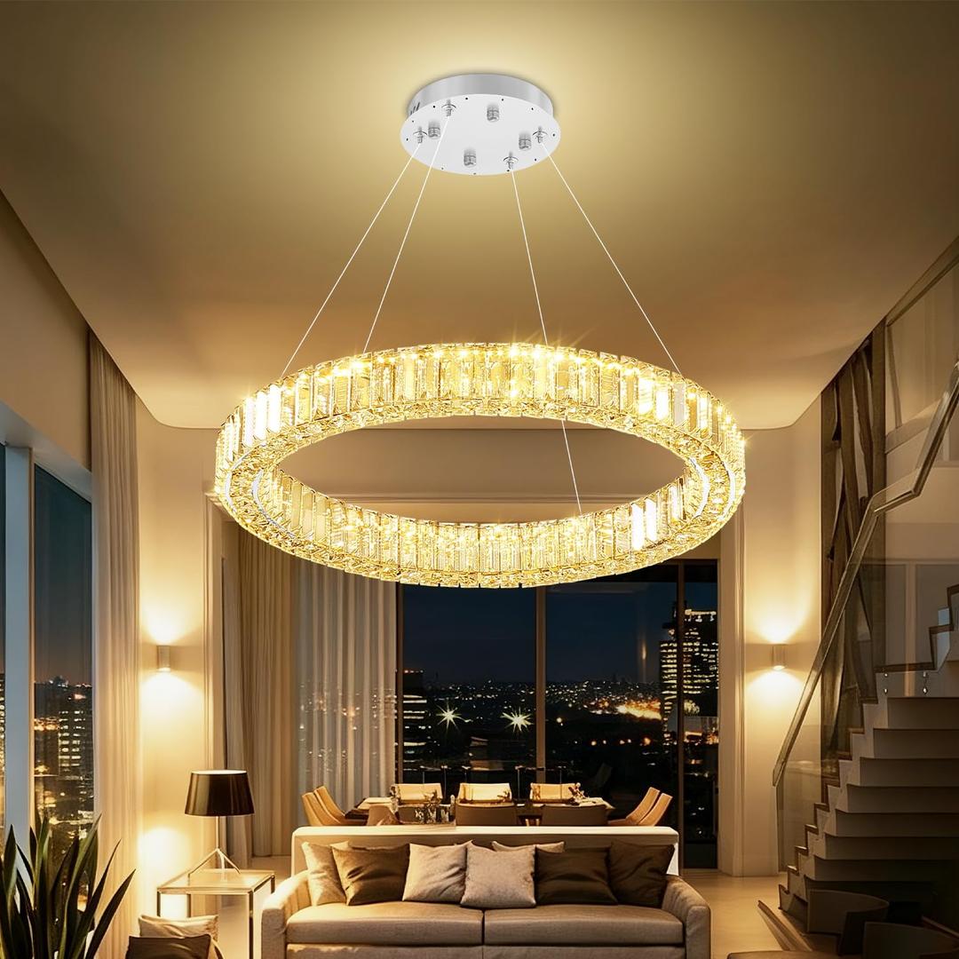 Flashing God W24 Crystal Chandelier LED Round Flush Mount Ceiling Light Fixture Modern Hanging Pendant Lighting Ring Chandeliers for Dining Room Kitchen Island Hallway