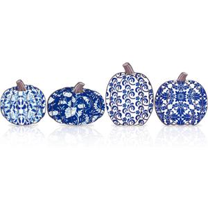 WATINC 4PCS Fall Pumpkin Wood Centerpiece Table Decor, Autumn Thanksgiving Tiered Tray Decorations, Chinoiserie Pumpkin Block Set, Halloween Rustic Harvest Party Wooden Sign for Home (Double Printed)