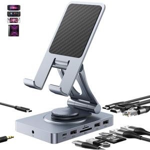 360° Rotating USB C Docking Station for iPad, iPad Pro, Tablet, Samsung, Steam Deck, ROG Ally, Legion Go, Msi Claw, etc, 11-in-1 with SD TF 4.0 Reader, 4K@60Hz HDMI, RJ45, Audio, USB A, USB C