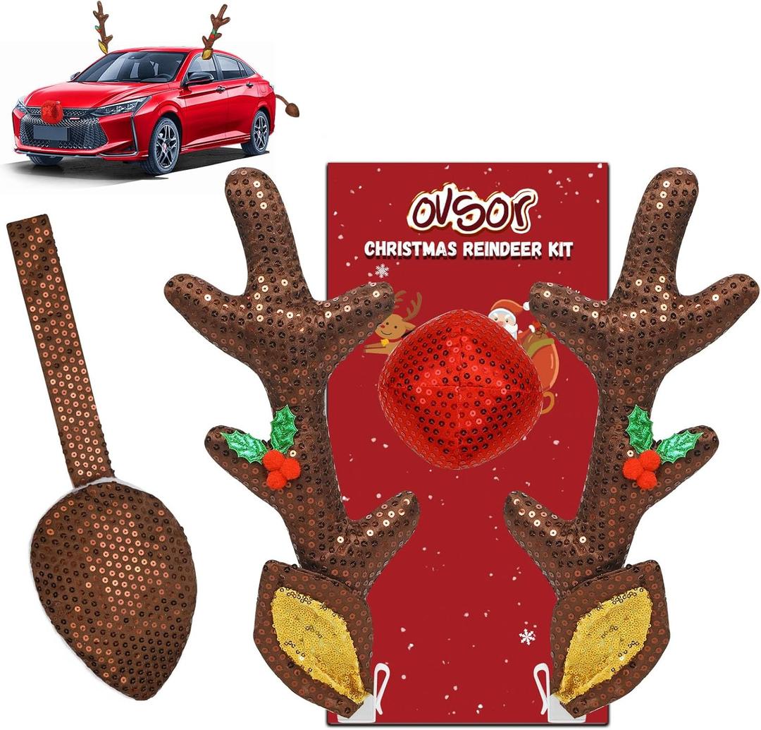 ovsor Christmas Reindeer Car Decoration - Christmas Antler Kit with 4 in 1 for Reindeer Car Decoration, Car Decorations Exterior as Way of Expanding Christmas Spirit