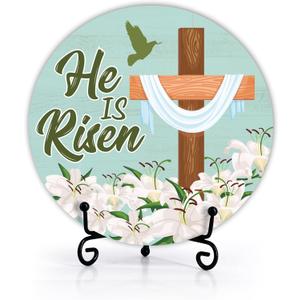 He Is Risen Easter Cross Decor Sign, White Flowers Round Wooden Signs With Stand, Religious Easter Decorations For Home Office Tabletop Shelf, Happy Easter Inspirational Gifts For Christians -02