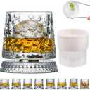 360 Degree Rotating Whiskey Glass Set with Ice Ball Mold, Crystal Clear Bourbon Scotch Glassware for Men, Fun & Novelty Gifts (Pattern 7)
