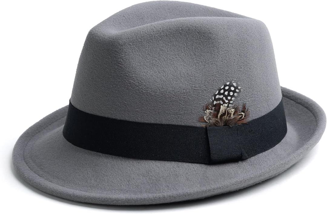Short Brim Fedora Hats for Men & Women Felt Dress Panama Trilby Hats with Feathers Band, Light Grey, Medium