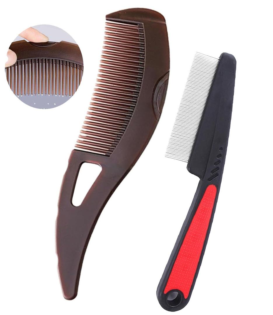 Dandruff Comb Fine Tooth Scalp Detox Comb Lice for Women, Men & Kids Stainless Steel Scalp Detoxing, Sweep & Massage Hair Brush Tool for Hair Care (Brown 2pc)