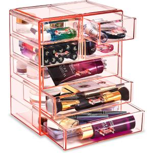 Sorbus Acrylic Makeup Organizer - Organization and Storage Case for Cosmetics Make Up & Jewelry - Big Clear Makeup Organizer for Vanity, Bathroom, College Dorm, Closet, Desk (3 Large, 4 Small Drawers) (Pink)