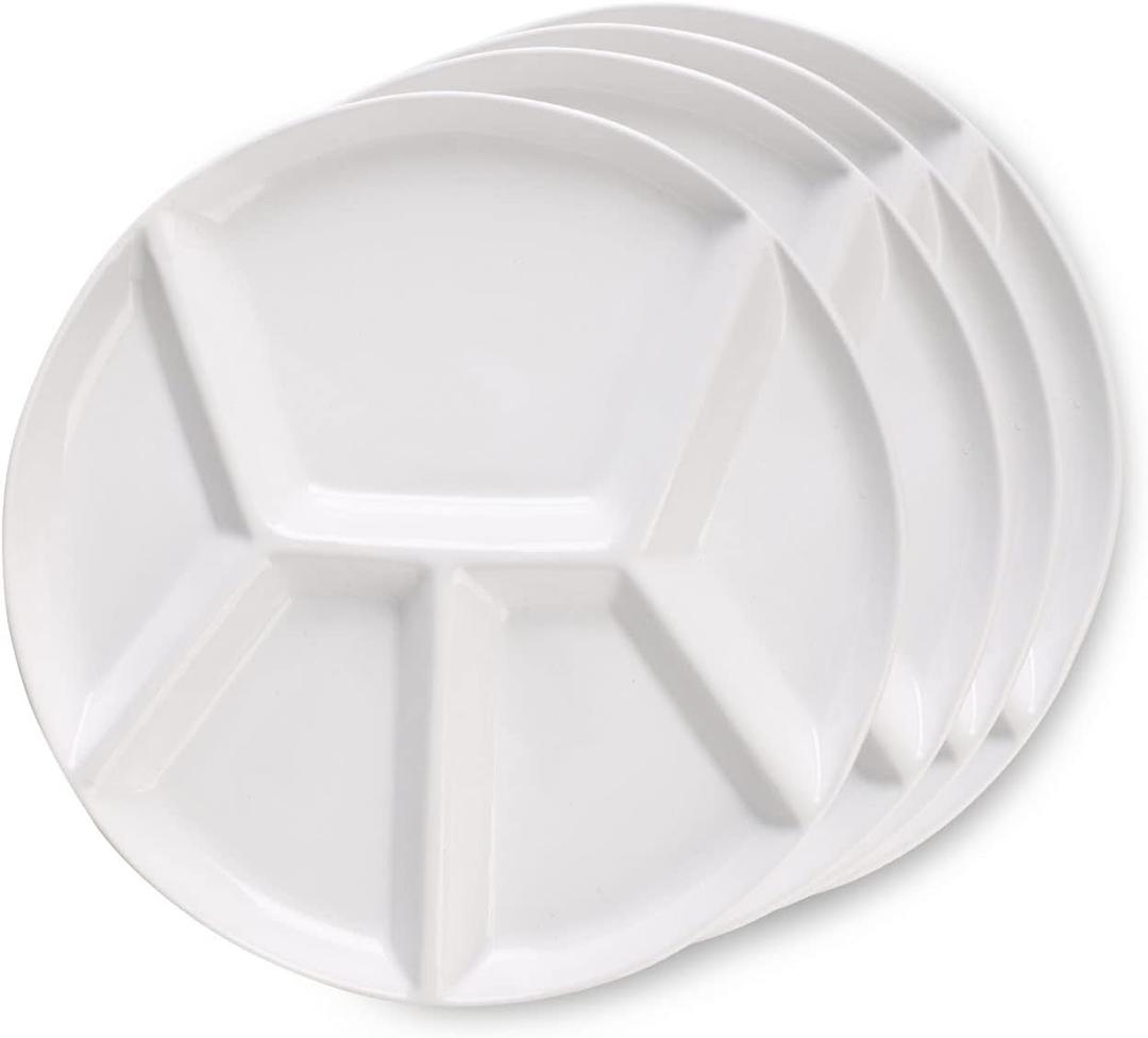 Artestia Fondue Plates Divided 5-Sections Round Ceramic Dinner Plates Set of 4, Chip & Dip Serving Trays Perfect for Serving Fondue Food, Sauces and Condiments