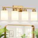 4-Light Bathroom Light Fixtures, Brushed Gold Vanity Light with Milky White Frosted Glass Shades, Modern Bathroom Vanity Light for Mirror, Bedroom, Hallway, or Living Room