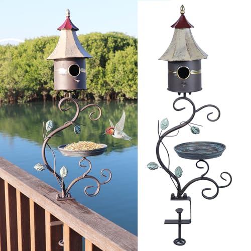 HLQMFHT Deck Bird Bath, Metal Bird Bath and Bird Houses, Decorative Deck Mounted Bird Bath, Detachable and Adjustable Sturdy Deck Bird Bath for Outdoor Porch Yard Garden Decoration