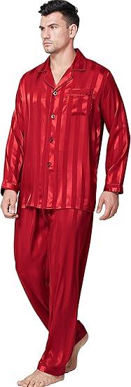 Lonxu Pajamas Set Mens Silk Satin Pajamas Long Sleeve Loungewear Two-Piece Sleepwear Button-Down Pj Set, Size: M