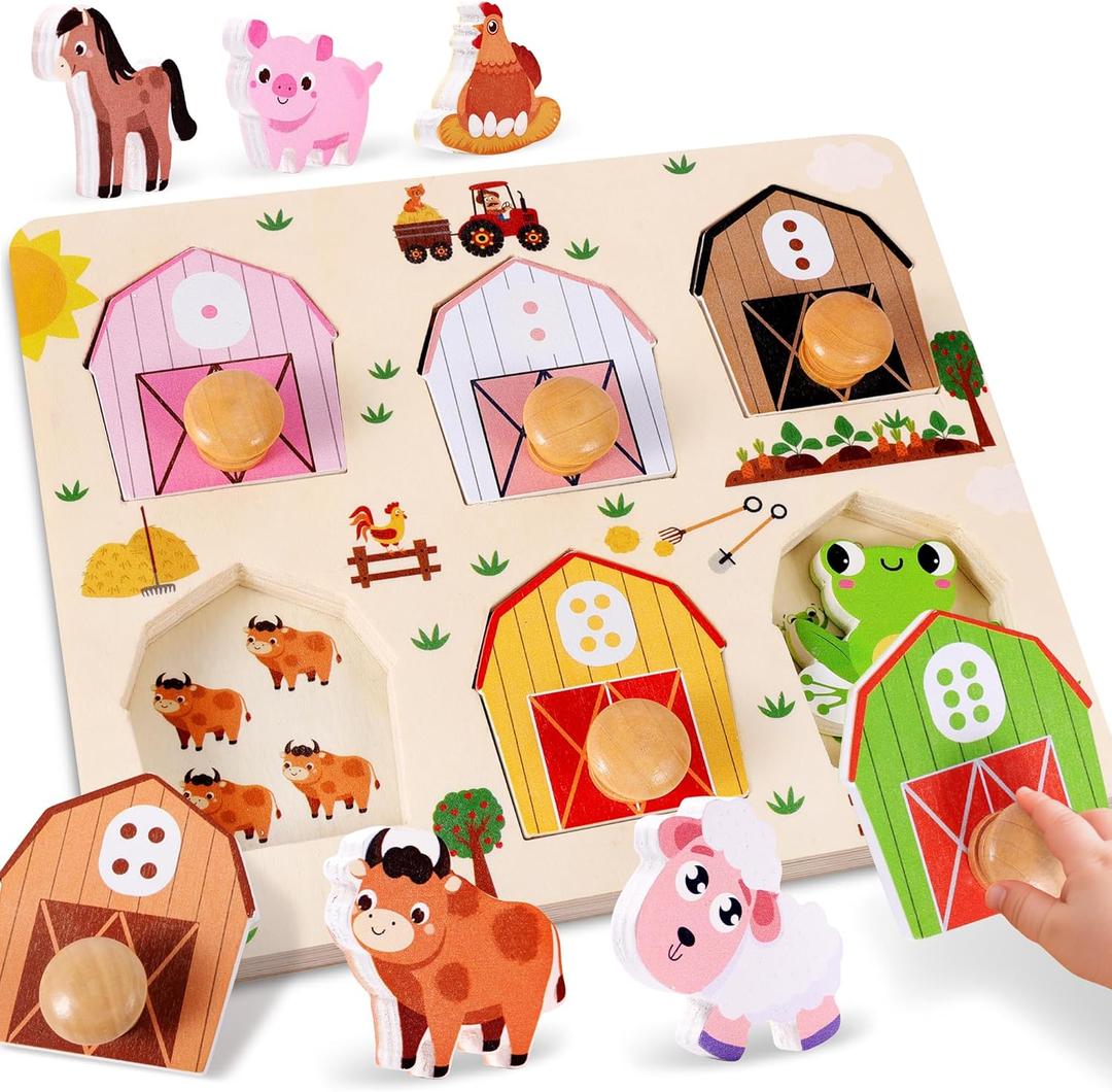 Wooden Puzzles for Toddlers 1-3, Farm Animals Jumbo Knob Safe Chunky Peg Puzzles, Montessori Toys for 1+ Year Old, Number and Color Match, Preschool Learning, Boy Girl Christmas Birthday Gift (Large)