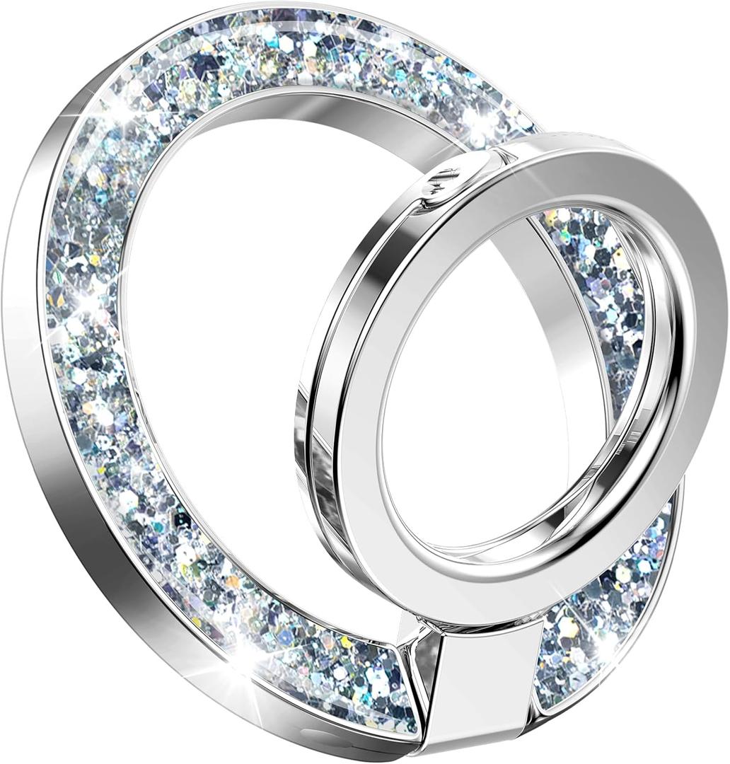 GVIEWIN Magnetic Phone Ring Holder, Compatible with MagSafe Phone Grip with Adjustable Stand, Magnet Phone Ring Kickstand for iPhone 17/16/15/14/13/12 Pro Max Plus Air/Other Phones (Glitter/Silver)