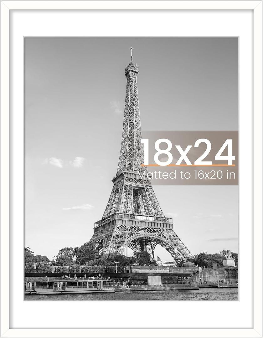 upsimples 18x24 Picture Frame, Display Pictures 16x20 with Mat or 18 x 24 Without, Wall Hanging Poster Frames, White, 1 Pack
