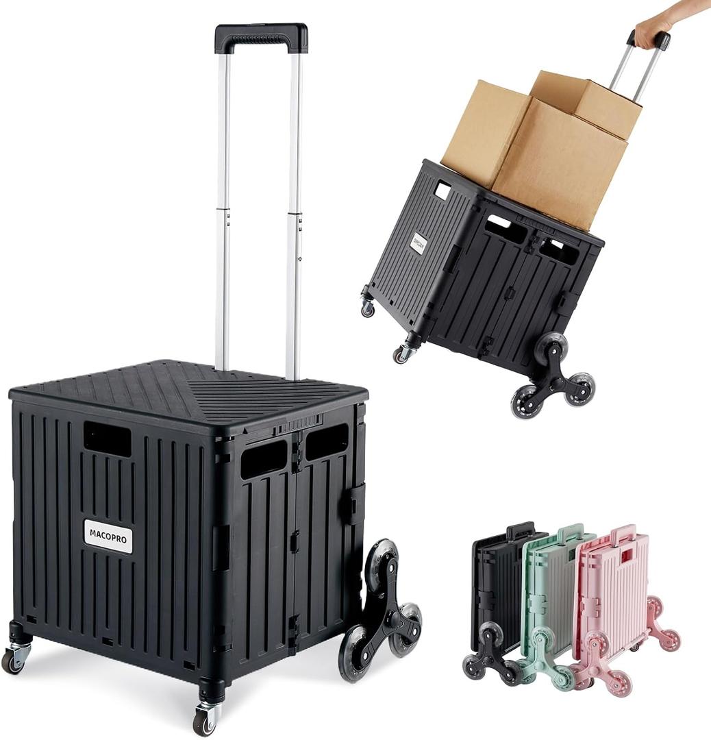 MACOPRO Foldable Utility Cart with Stair Climbing Wheels, Collapsible Rolling Crate with Telescoping Handle, Folding Shopping Trolley Handcart Grocery Book File Tool Teacher Storage Basket (Black) 15.75"D x 14.17"W x 17.74"H