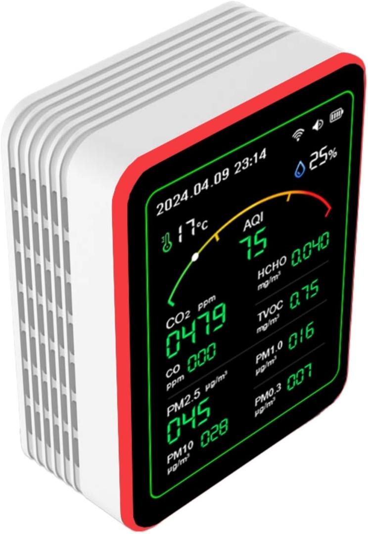 Air Quality Monitor,15-in-1 Smart Air Quality Tester with PM,CO2,CO,TVOC,HCHO,PM,AQI,Temperature & Humidity,Timer,Real Time Display,Battery Powered,for Home & Office